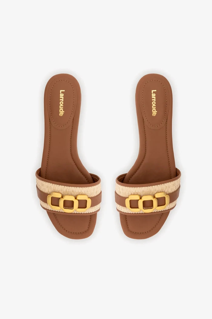 Franca Flat In Natural Raffia And Caramel Leather Flat - Sandal Larroudé