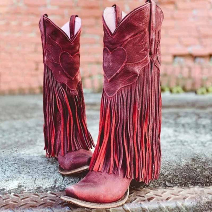 Red fringe cowboy boots for women with heart design and stylish fringes for a trendy look