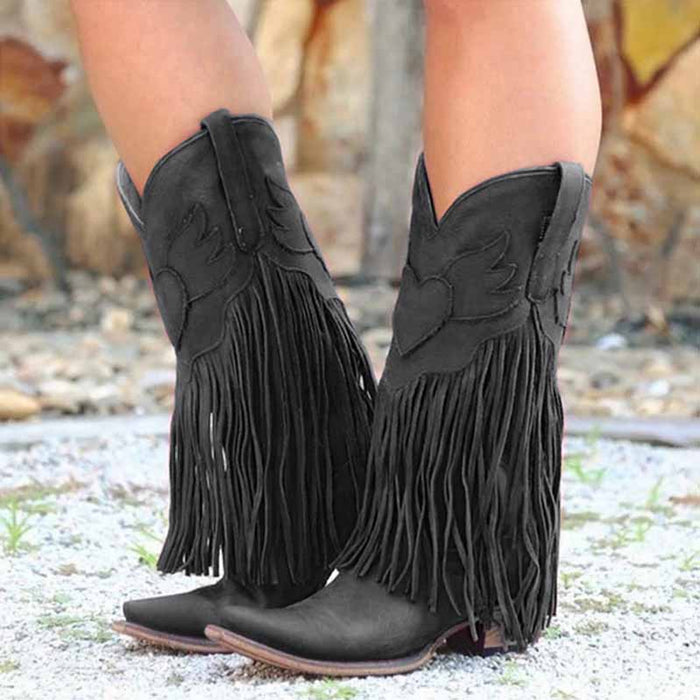 Elegant fringe cowboy boots for women with intricate detailing and stylish fringe accents
