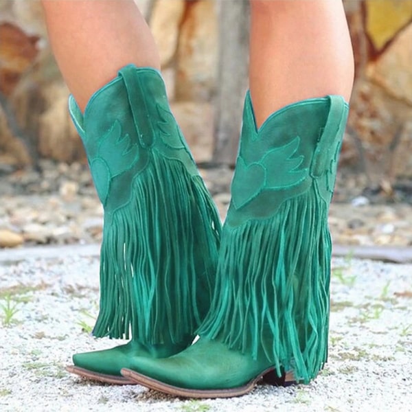 Green Fringe Cowboy Boots for Women with Decorative Fringe and Stylish Design