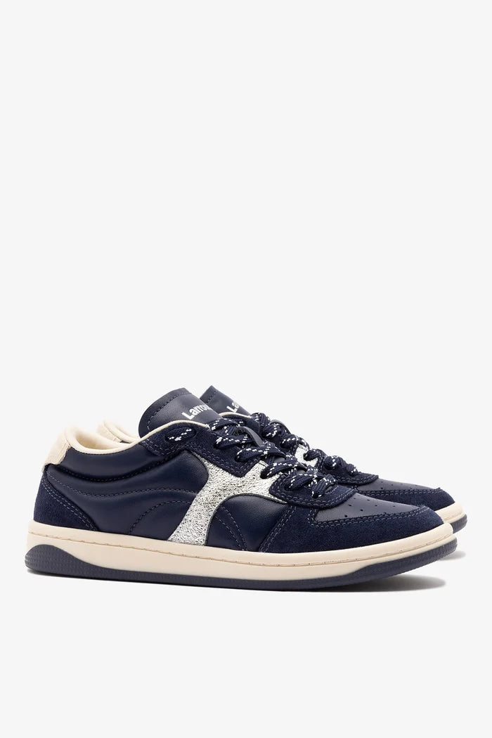 George Sneaker In Navy Suede and Silver Sparkle Leather Sneaker Larroudé