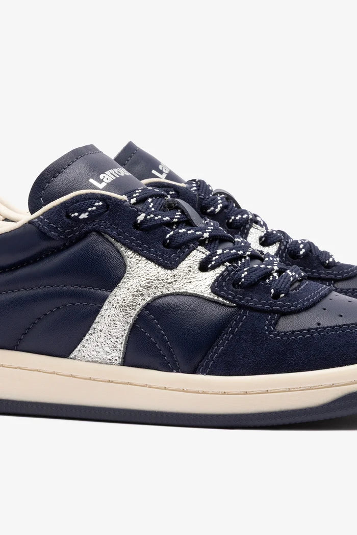 George Sneaker In Navy Suede and Silver Sparkle Leather Sneaker Larroudé