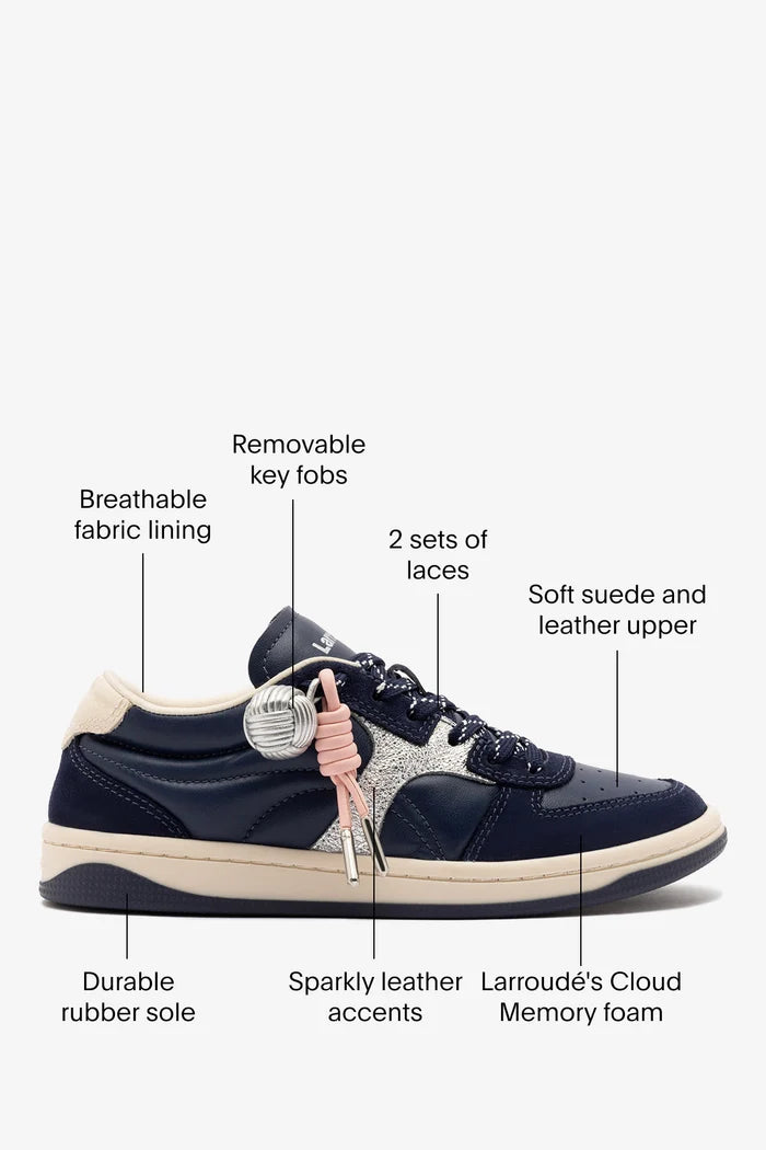 George Sneaker In Navy Suede and Silver Sparkle Leather Sneaker Larroudé