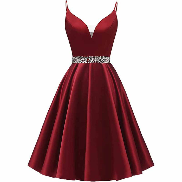 Girls Spaghetti Short Satin Prom Dress V-Neck Beaded Homecoming Evening Party Gowns