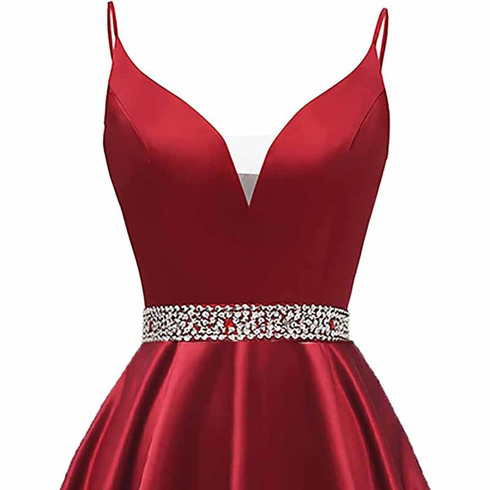 Girls Spaghetti Short Satin Prom Dress V-Neck Beaded Homecoming Evening Party Gowns