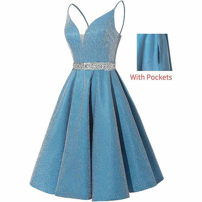 Girls Spaghetti Short Satin Prom Dress V-Neck Beaded Homecoming Evening Party Gowns