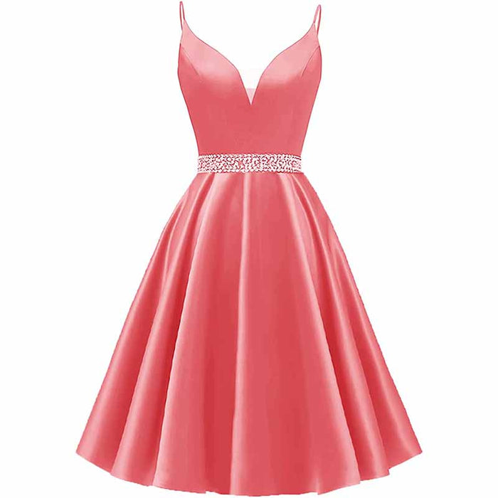 Girls Spaghetti Short Satin Prom Dress V-Neck Beaded Homecoming Evening Party Gowns