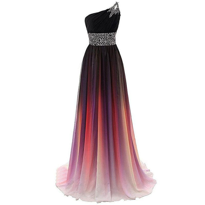 Gradient Formal Evening Gowns Beaded Ombre Chiffon Long Prom Dresses
