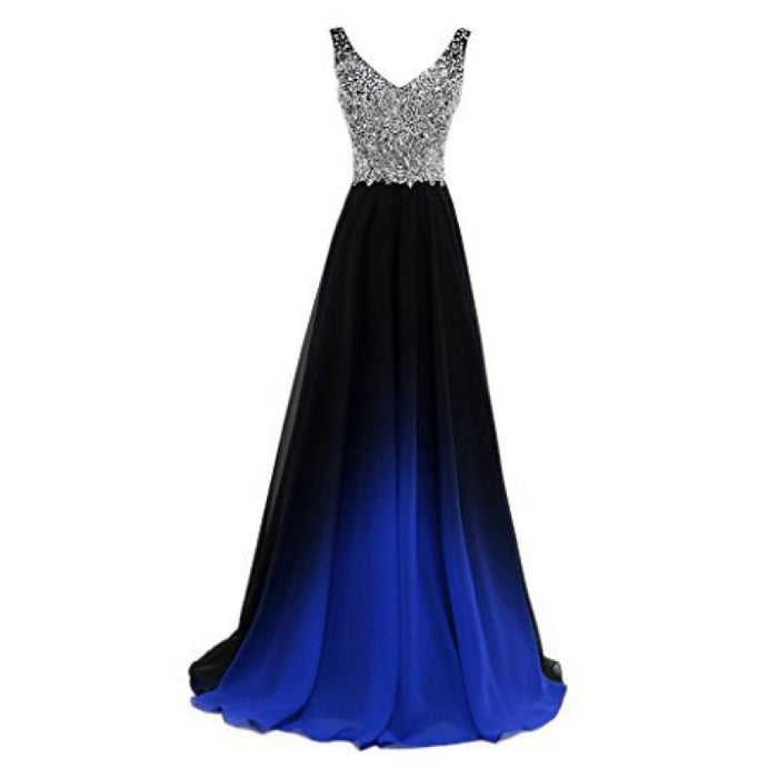 Gradient Formal Evening Gowns Beaded Ombre Chiffon Long Prom Dresses