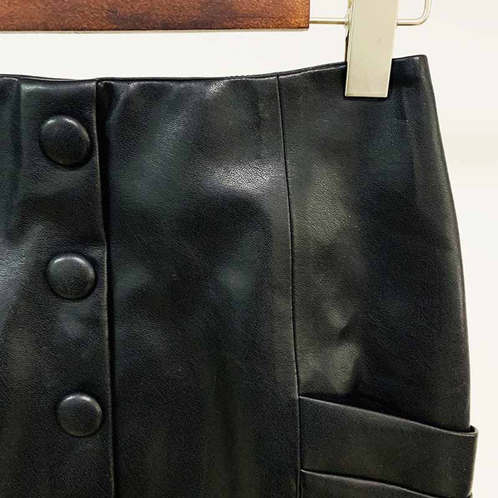 Hight Waisted Formal Leather Skirt Gold-tone Mini Wrap Hip Skirt