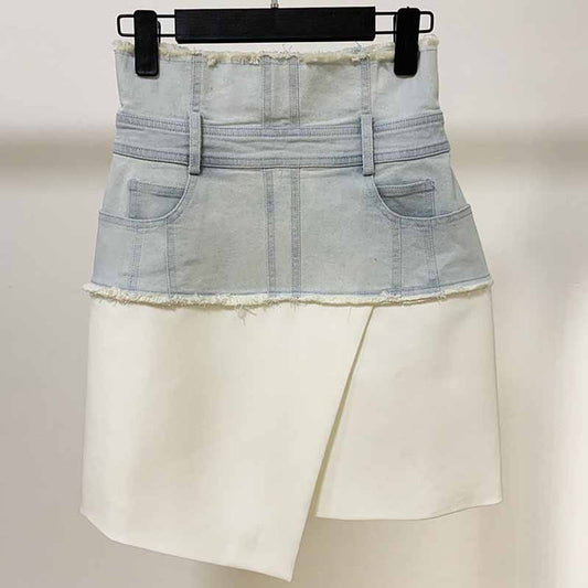 Hight Waisted Jean Skirt Blue and White Short Irregular Denim Skirt