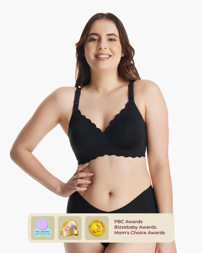 Black Jelly Strip Seamless Nursing Bra YN46, scalloped. Worn by woman, features PBC, Bizzebaby, Mom's Choice awards.