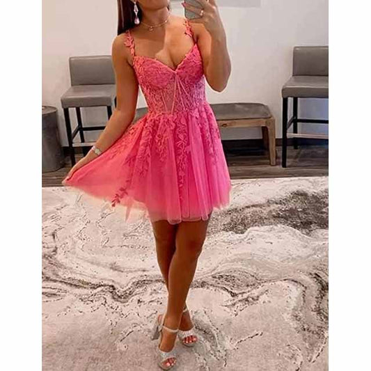 Junior's Spaghetti Straps Lace Homecoming Dress for Teens Tulle Short Prom Dresses