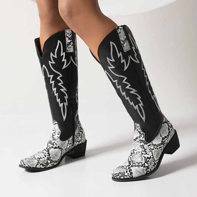Knee High Pull On Boots Embroidered Cowgirl Boots
