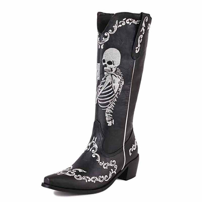 Unique cowgirl boots with embroidery featuring a skeleton design and western-style details