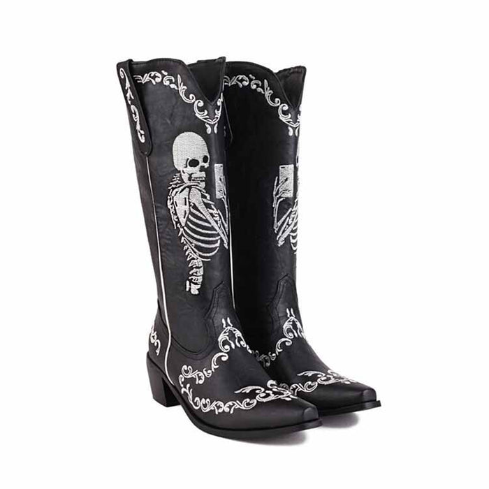 Unique cowgirl boots with embroidery featuring skeleton designs and decorative patterns
