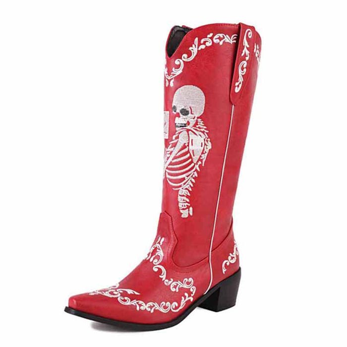 Tucomosi unique cowgirl boots with embroidery featuring a skeleton design on a red background
