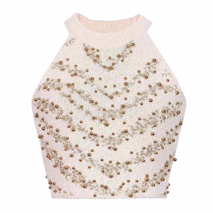 Knitted Halter Cropped Tops for Women Knit Tank Tops With Nail beads