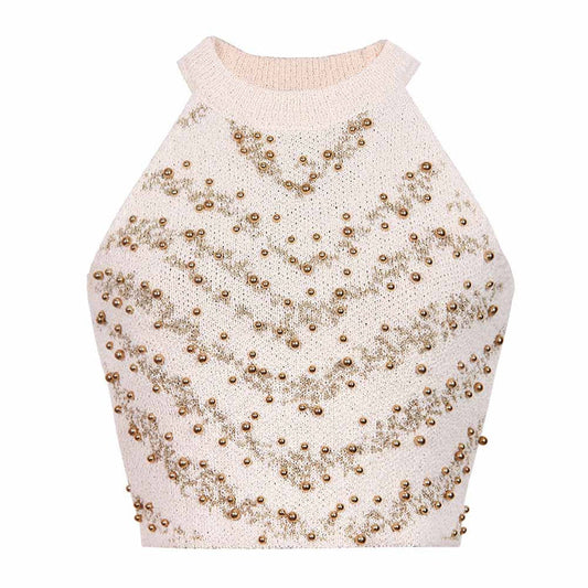 Knitted Halter Cropped Tops for Women Knit Tank Tops With Nail beads