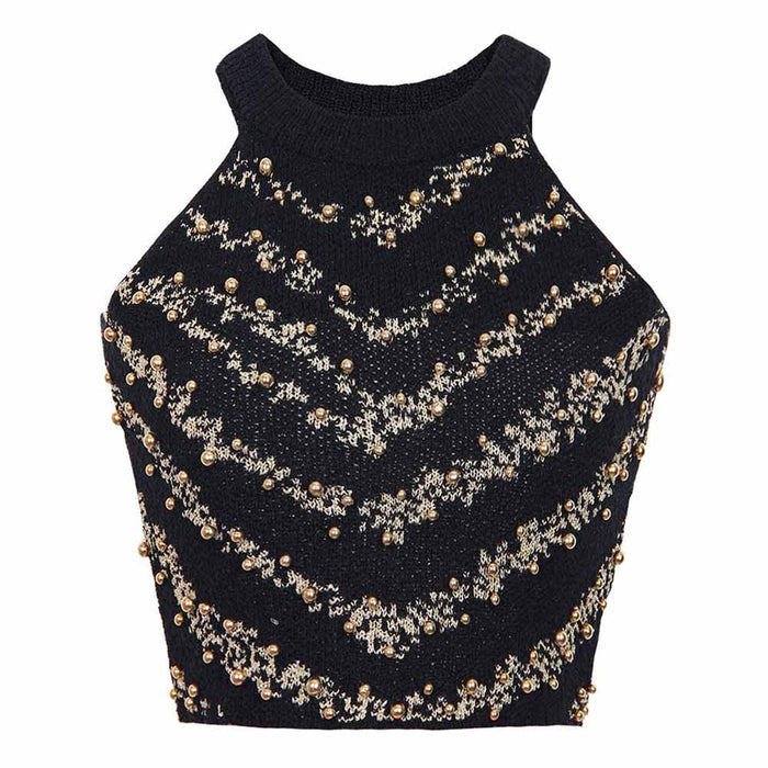 Knitted Halter Cropped Tops for Women Knit Tank Tops With Nail beads