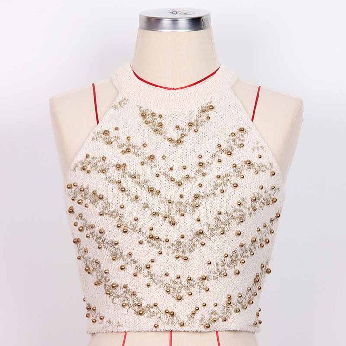 Knitted Halter Cropped Tops for Women Knit Tank Tops With Nail beads