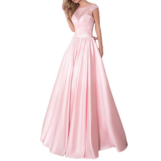 Lace A Line Bridesmaid Dress Cap Sleeve Satin Wedding Guest Dress Prom Gowns