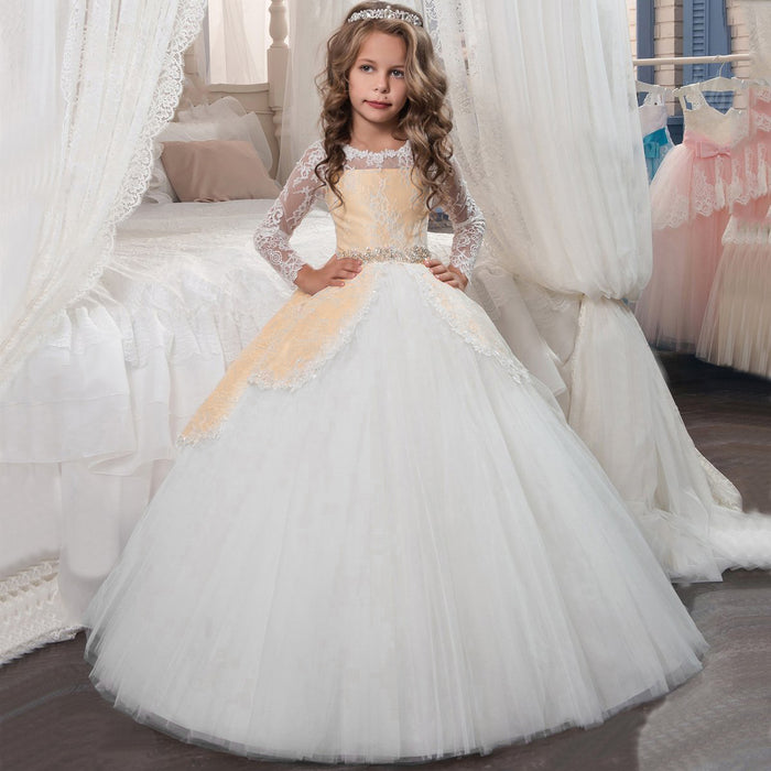 Lace Embroidery Sheer Long Sleeves Kids Trailing Gowns Flow Dress