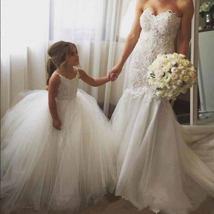 Lace Embroidery Sheer Sleeveless Flower Dress Kids Trailing Tutu Gowns