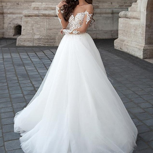 Lace Wedding Dress Sweetheart A-line Long Tulle Country Style Bridal Gowns