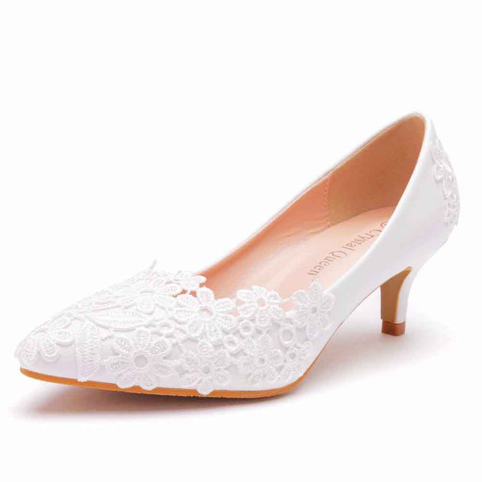 Elegant lace wedding low heel pumps with floral detailing and a comfortable design for brides