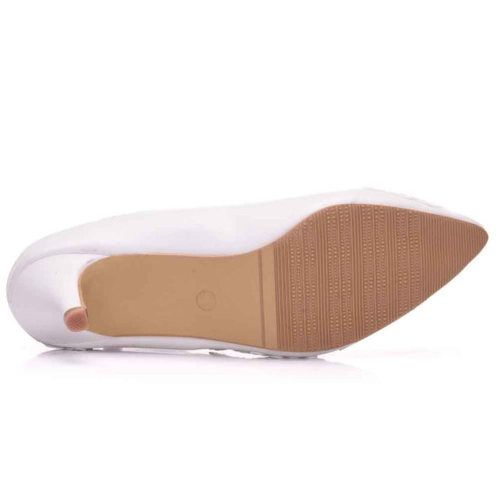 Underside view of lace wedding low heel pumps with a sleek design for comfort and style