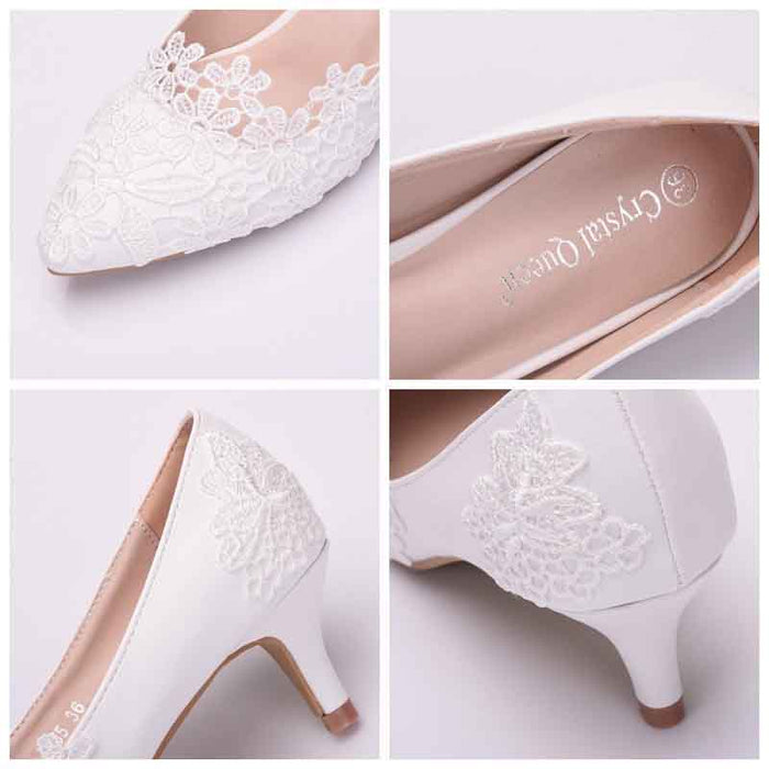 Lace wedding low heel pumps in white with elegant floral embroidery on the upper