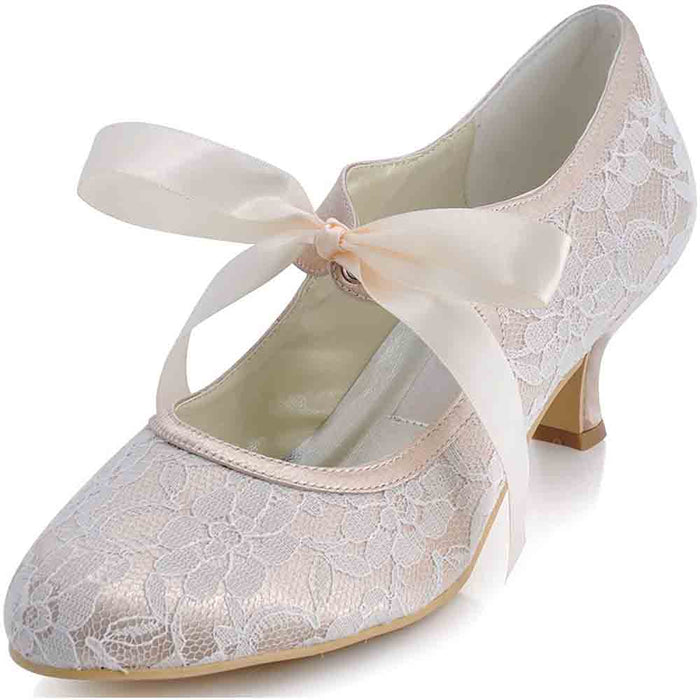 Elegant lace wedding shoes for bride featuring a bow and a comfortable heel