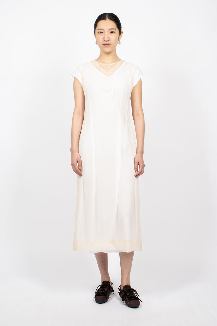 Layered Liquid Cap Sleeve Lace Trim Dress White/Nude