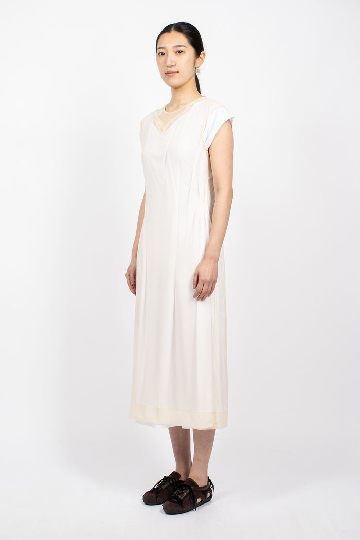 Layered Liquid Cap Sleeve Lace Trim Dress White/Nude