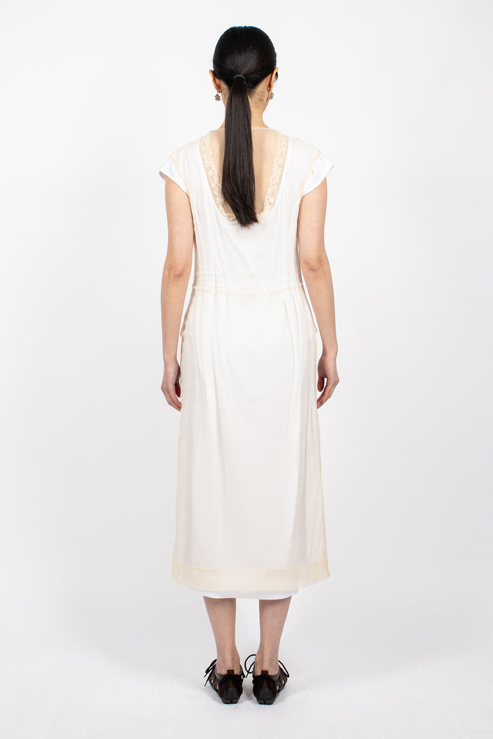 Layered Liquid Cap Sleeve Lace Trim Dress White/Nude