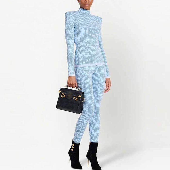 Light Blue Long Sleeves Ribbed Pantsuits Two Piece Sets
