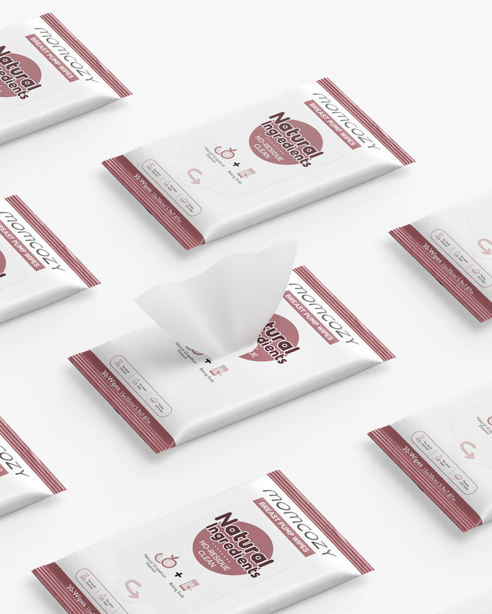 Momcozy Natural Breast Pump Wipes packaging highlighting no-residue clean, easy pull design.