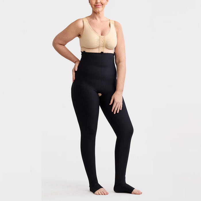 Marena Recovery style LIPSGSZ, Lipedema Post-Surgical Girdle with side zipper closures in black, shown from the front on a female model.