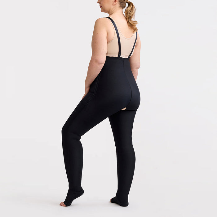 Marena Recovery style LIPSGSZ, Lipedema Post-Surgical Girdle with side zipper closures and suspenders in black, shown from the back on a female model.