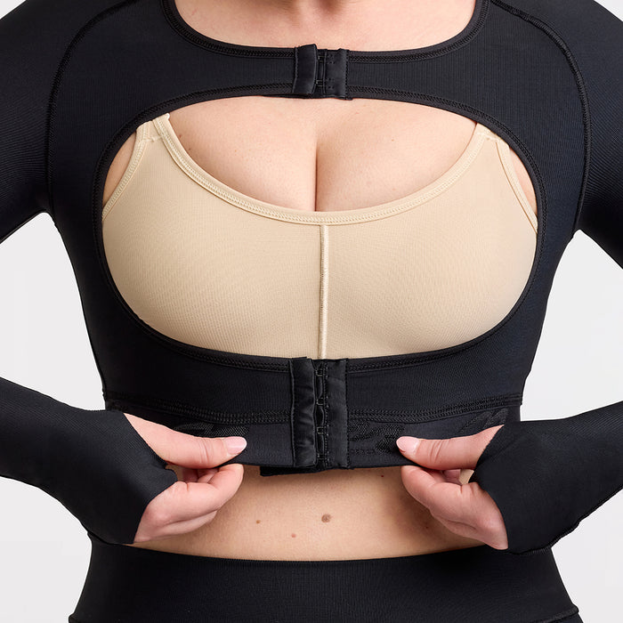 Marena Recovery style LIVOLH Lipedema Post-Surgical Open Bust Vest With Hand Coverage, in black, front detail view shown on a female model.