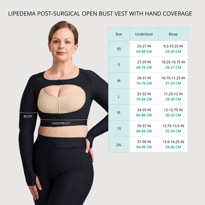 Lipedema Post-Surgical Open Bust Vest With Hand Coverage | Style No. LIVOLH