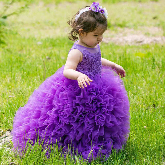 Litle Girl Tutu Dress Purple Lace Ruffle Gown