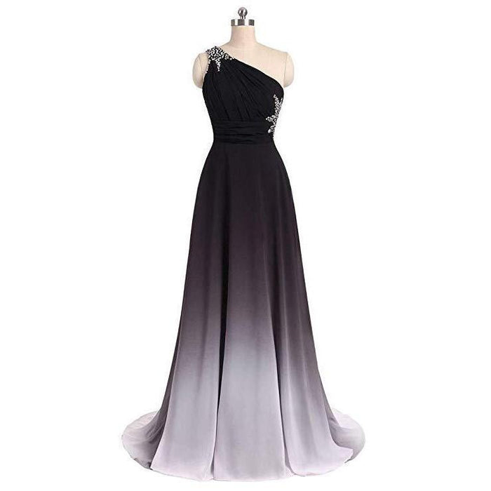 Elegant black gradient bridesmaid gown with one shoulder and embellishments, perfect as a long evening gown for weddings