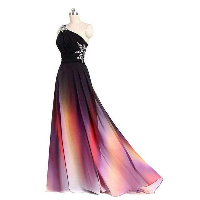 Elegant long evening gown for weddings with a one-shoulder design and colorful gradient flowing skirt
