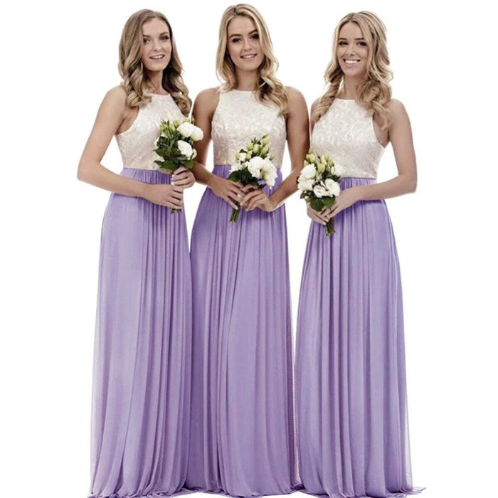 Three models wearing a long lace bridesmaid dress in lavender with floral bouquets