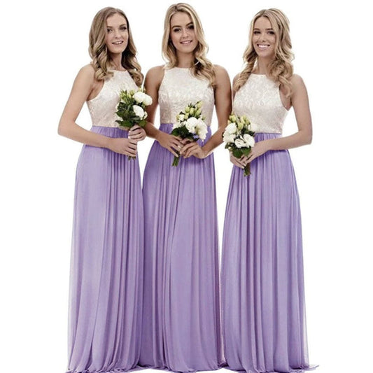 Three models wearing a long lace bridesmaid dress in lavender with floral bouquets