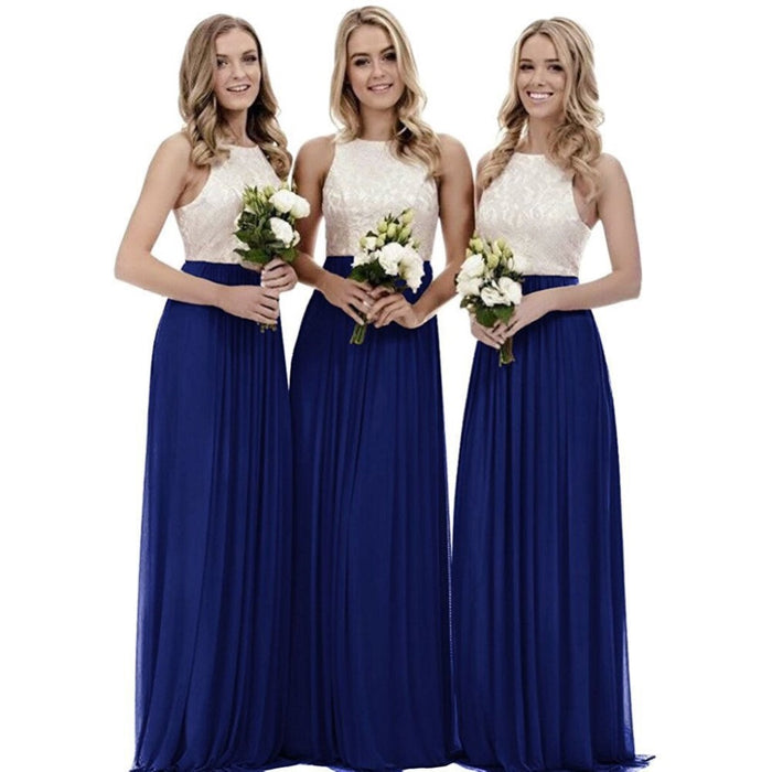 Three models wearing long lace bridesmaid dress in navy blue with lace bodice and flowy skirt