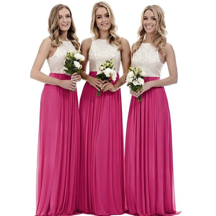 Three models in pink long lace bridesmaid dresses holding flower bouquets for a wedding occasion