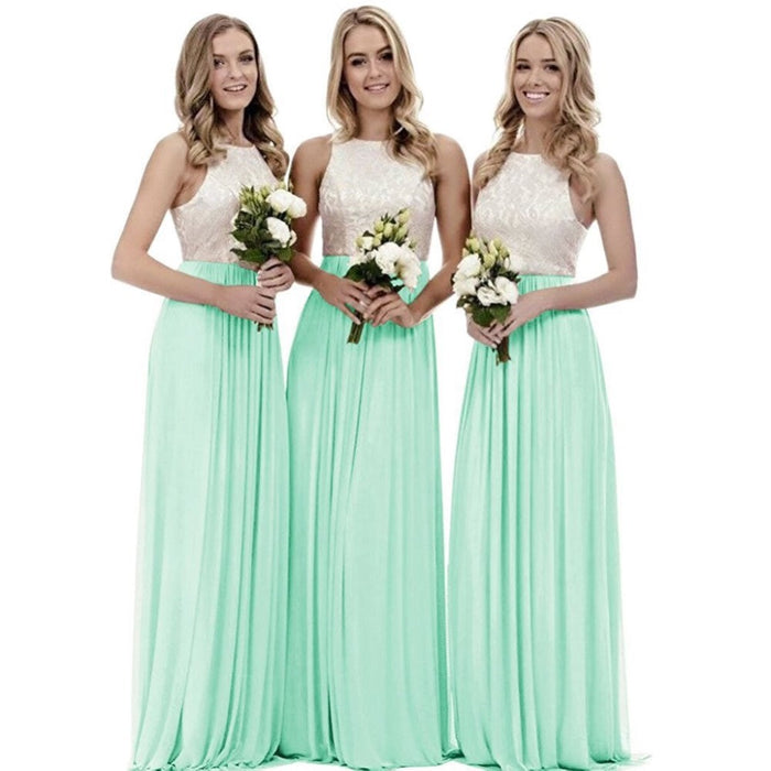 Three models wearing a long lace bridesmaid dress in mint green with floral bouquets